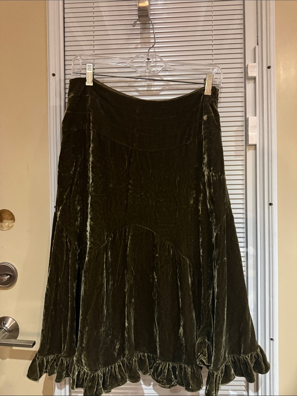Odille Olive Green Velvet A-Line Skirt with Ruffle Hem - Picture 1 of 4